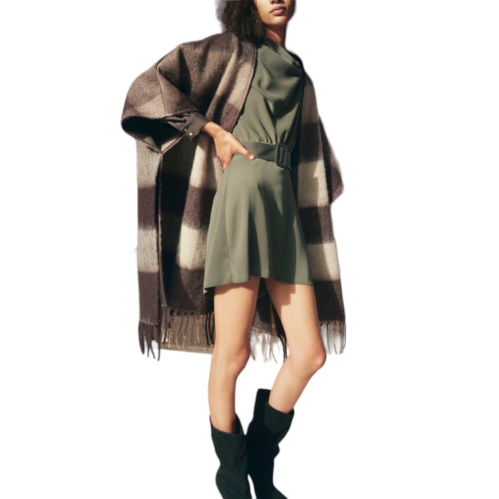 ZARA Fringed Plaid Poncho checked fringe boho open front sweater dark camel Sz M - Picture 4 of 9